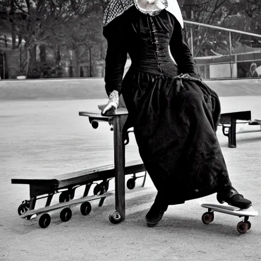 Prompt: a victorian woman at a skatepark