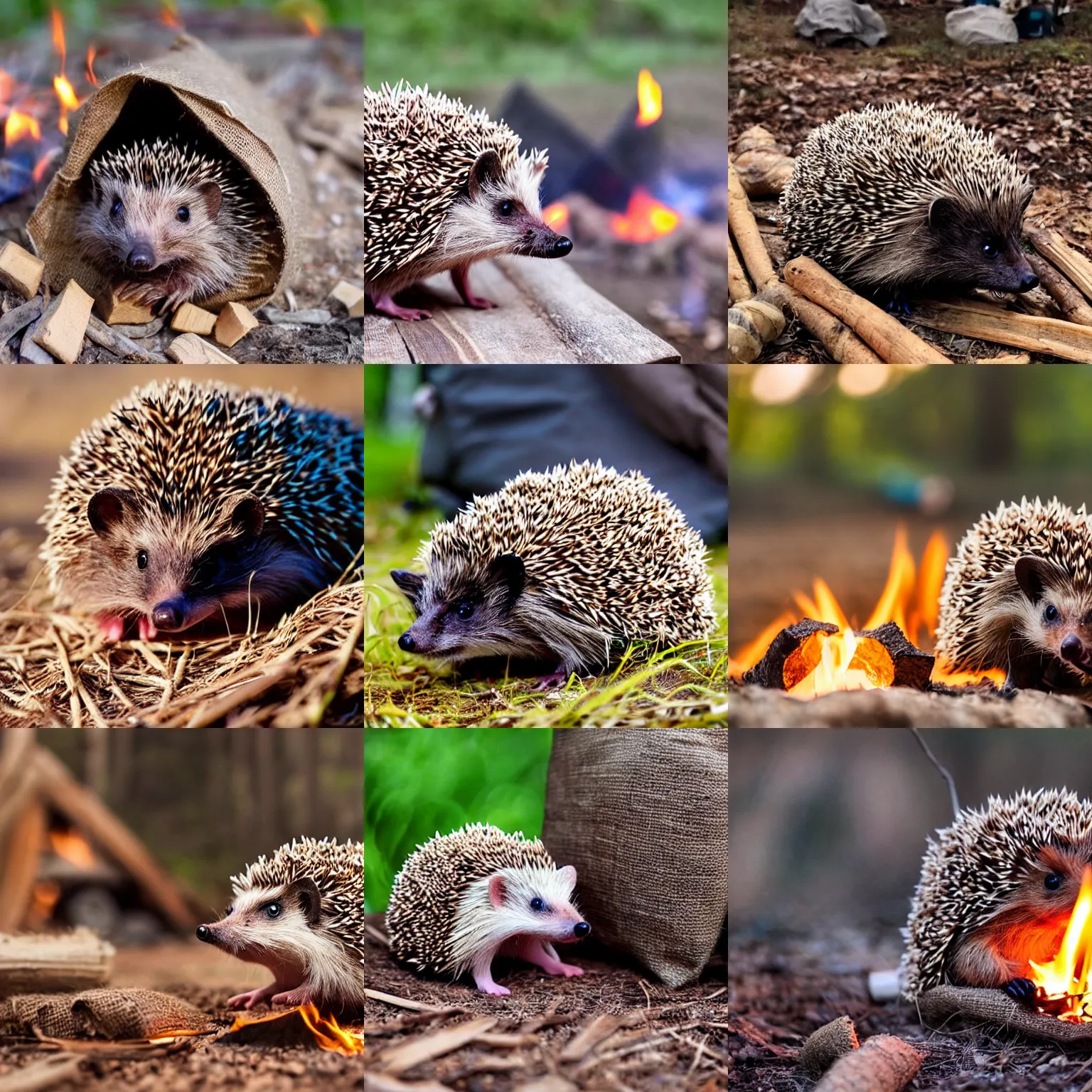 Prompt: hedgehog in a burlap bag, hyper realistic, photography, campfire in background