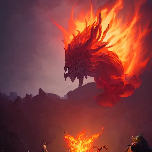 Image similar to huge daragon breathing fire by peter mohrbacher and dan mumford and nekro, cgsociety, volumetric light, 3 d render