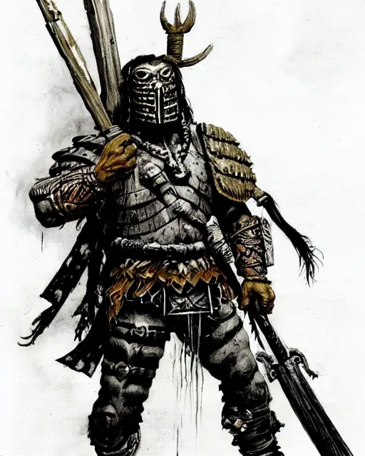 Prompt: full body of a shaman goth soldier wearing armor by simon bisley, john blance, frank frazetta, fantasy, barbarian