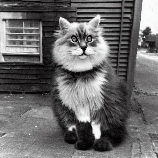 Image similar to a fluffy cat sitting on the corner of a front yard on a residential street in the 1930s