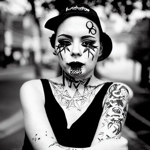 Prompt: beautiful young woman with gutterpunk pen ink face tattoos at golden hour, black & white, stars in background, cinematic diane arbus, leica s, fuji 8 0 0, grainy, low light