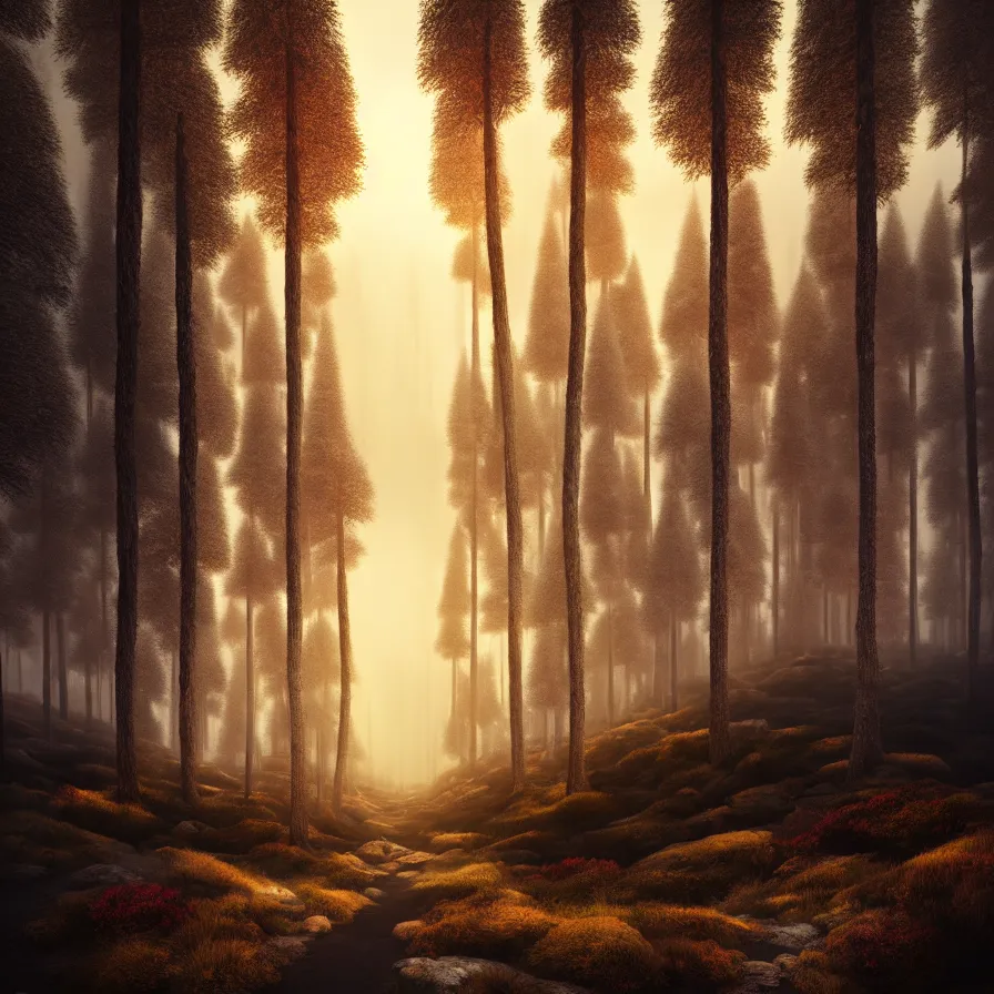 Prompt: surrealist abstract art of one natural path leading to the horizon through giant pine forests down rocky mountains towards a majestic valley during sunset. atmospheric foggy landscape, soft tones, psychedelic, ultra realistic, concept art, modern art, photorealistic, octane render.