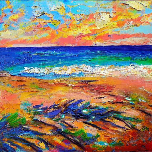 Prompt: a beach in western australia, modern, impressionist, highly textured landscape, palette knife, layered, sculptured, dynamic, acrylic paint on canvas