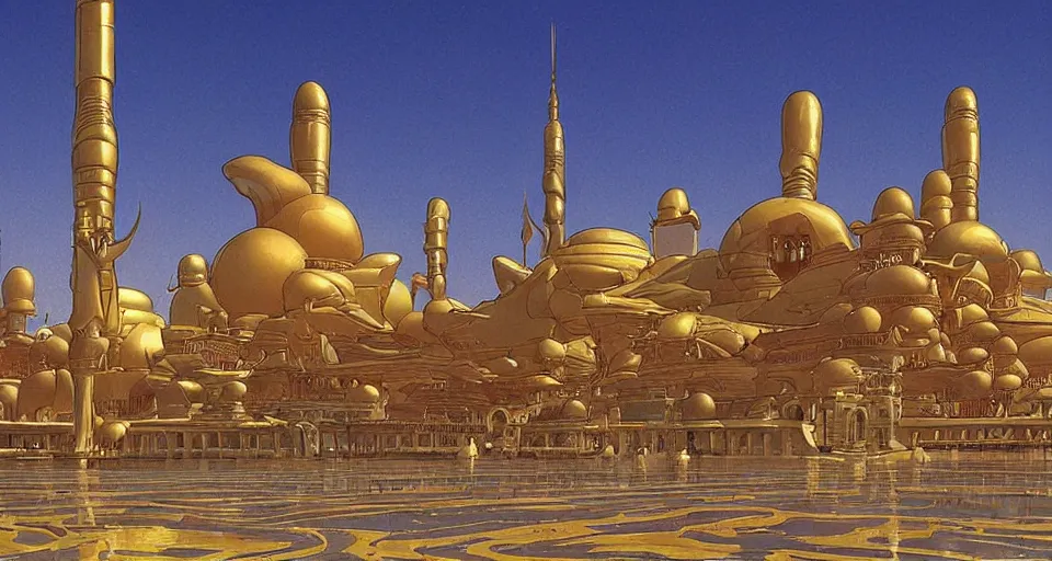 Prompt: a futuristic golden palace with arabian architecture by Moebius