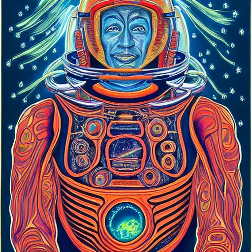 Image similar to a portrait of an astronaut in the style of alex grey,