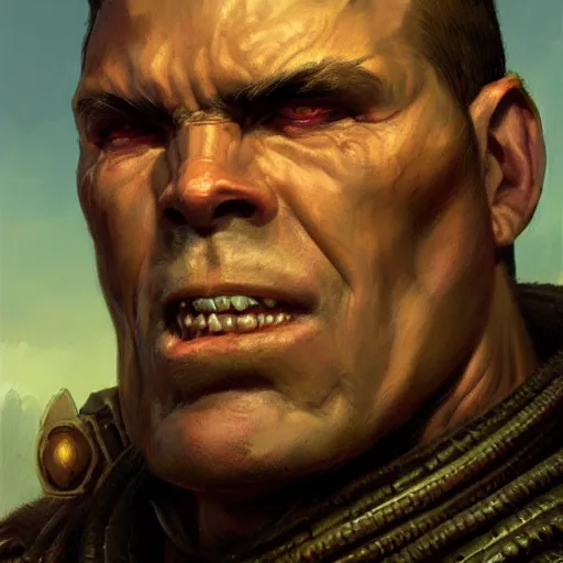 Image similar to the doomguy as a realistic d & d fantasy character, closeup portrait art by donato giancola and greg rutkowski, vintage retro, realistic face, digital art, trending on artstation, symmetry!!