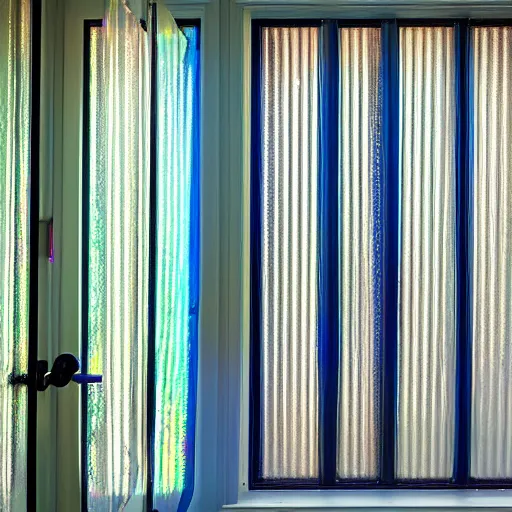 Image similar to an ultra high definition photo of room with a window with corrugated iridescent Perspex panes