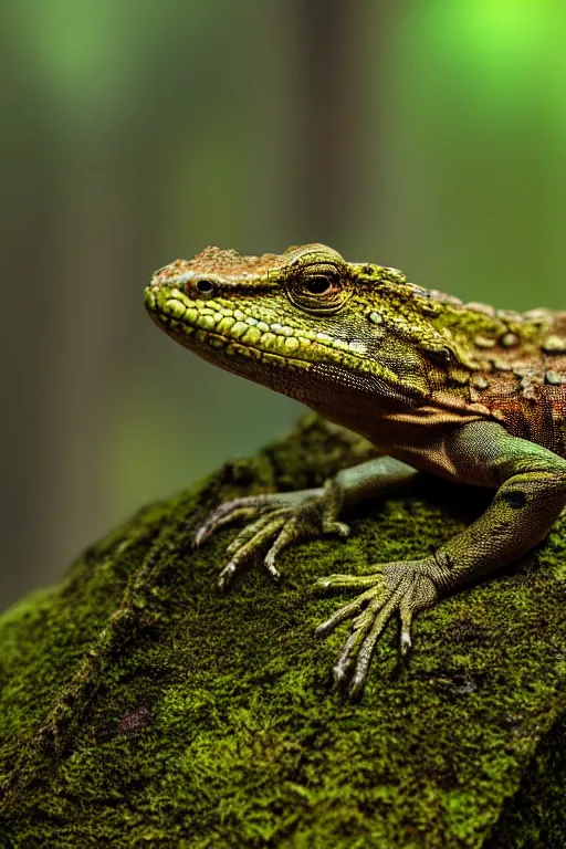 Prompt: a macro portrait photo of a lizard on a moss covered rock, shiny scales, moss and vegetation, ancient forest, close - up, intricate details, intricately detailed textures, warm lighting, vivid colors, smoke and mist, hyper realistic octane render, volumetric shading, depth of field, raytracing, 8 k,
