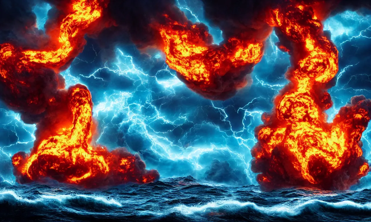 Prompt: the swirling portal in the ocean erupts violently with fire and brimstone as hellacious abominations appear to fly out of it in droves. photorealistic. intricate details. 3 5 mm photograph. dramatic lighting. action shot. absolute focus. masterpiece.