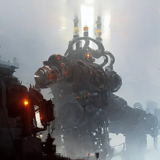Prompt: gigantic steampunk mecha, industrial machine, colored light beams, dense fog, trending on artstation, jakub rozalski