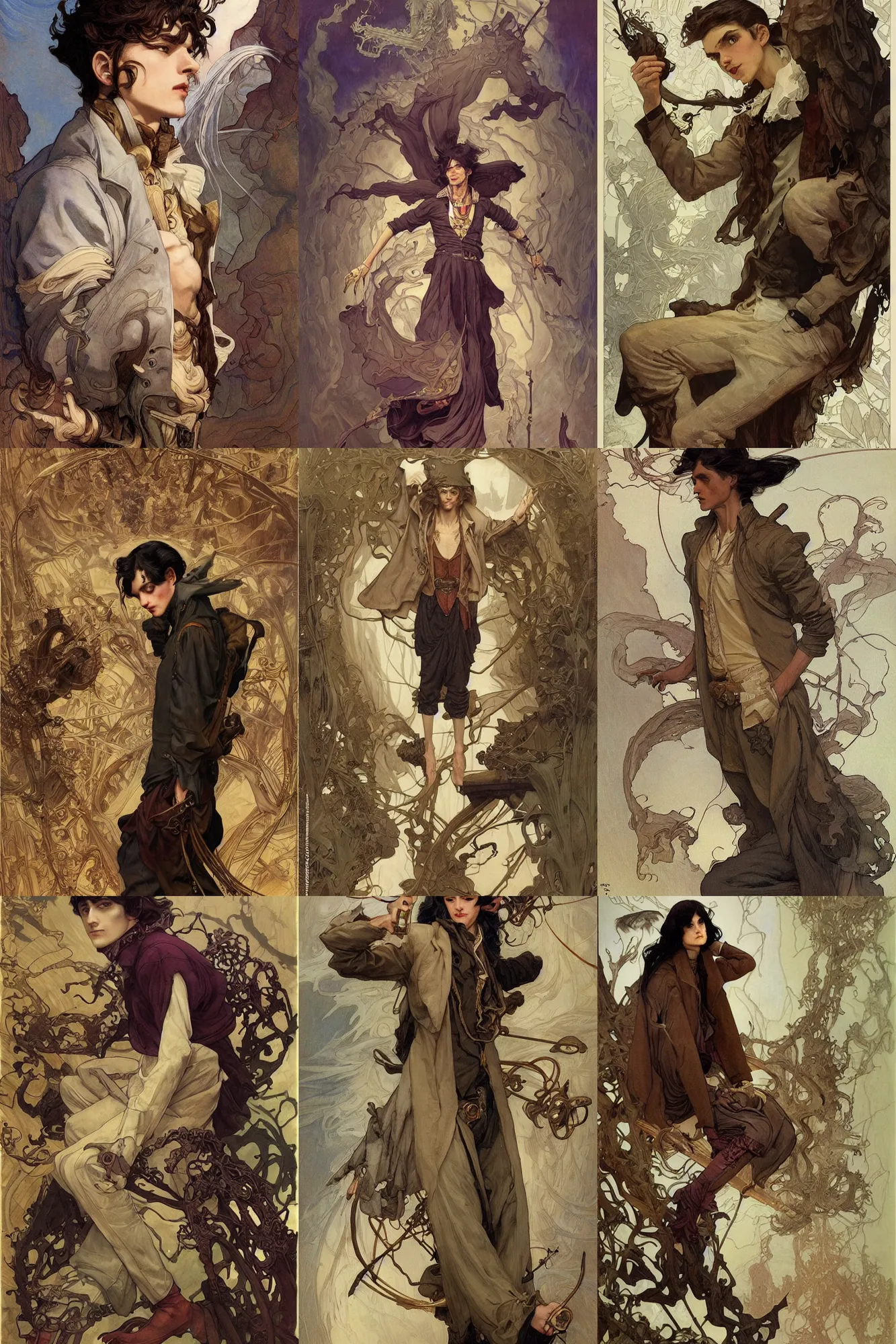 Prompt: thin young male alchemist, long dark hair, 1 9 2 0 s fashion, fantasy, highly detailed, intricate, smooth, art by joseph leyendecker, peter mohrbacher, ruan jia, finnian macmanus, marc simonetti, ayami kojima, vasnetsov, cedric peyravernay, alphonse mucha