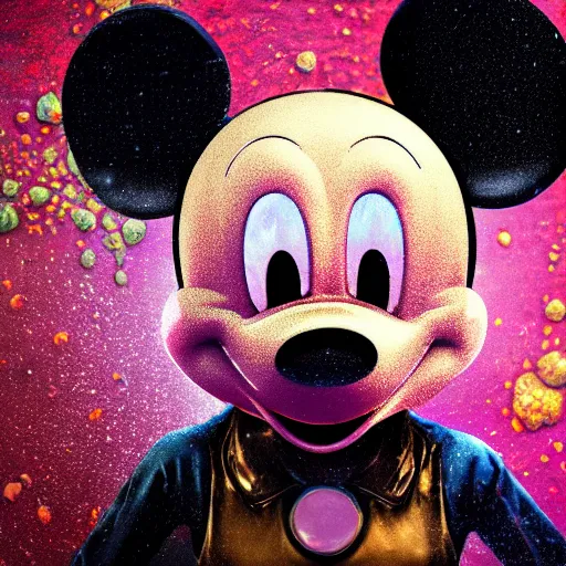 Image similar to mickey mouse head, fractal, broken, psychedelic, wet, mycelium, radiant alien, rococo, baroque, automotive, bio-mechanical, porcelain, iridescent, sub surface scattering, octane render