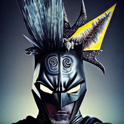 Image similar to jansen ackles as batman, 3 d portrait punk with mohawk with goat skull. beautiful intricately detailed japanese crow kitsune mask and clasical japanese kimono. betta fish, jellyfish phoenix, bio luminescent, plasma, ice, water, wind, creature, artwork by tooth wu and wlop and beeple and greg rutkowski