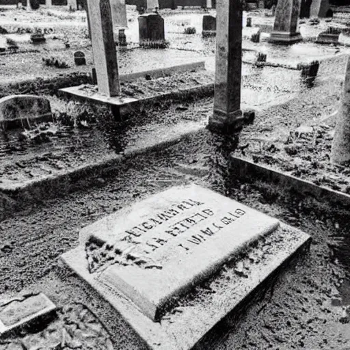 Image similar to The print shows a grave that has been flooded with water. The grave is located in a cemetery in Italy. The water in the grave is dirty and there is trash floating in it. The grave is surrounded by a fence. 1990s by Genndy Tartakovsky offhand, curvaceous