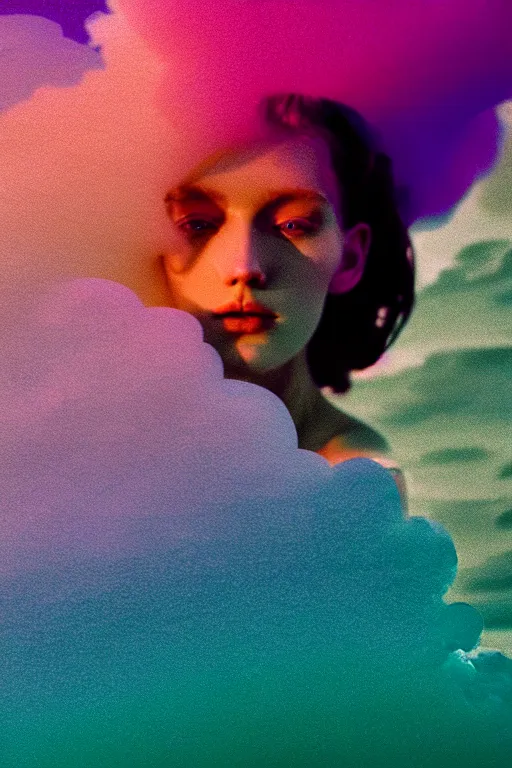 Image similar to high quality pastel coloured film close up wide angle photograph of a model wearing clothing swimming on cloud furniture in a icelandic black rock!! environment in a partially haze filled dreamstate world. three point light, rainbow. photographic production. art directed. pastel colours. volumetric clouds. pastel gradient overlay. waves glitch artefacts. extreme facial clarity. 8 k. filmic.