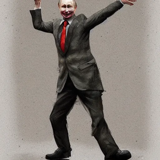 Image similar to putin wearing an funny clothes and dancing by greg rutkowski