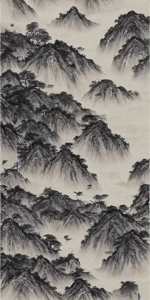 Prompt: Environmental shot, Beautiful!!!!! chinese ink-wash painting a river and ((cliffs)), birds flying , shui mo hua, highly intricate, with some red!! strokes!!