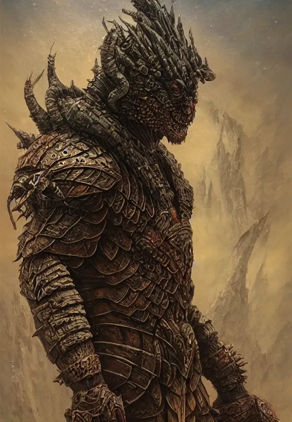 Image similar to beastman tribal warrior concept, wearing tribal armor, beksinski, wayne barlowe, adrian smith fantasy art, the hobbit art, lord of the ring art, the witcher concept art, trending on artstation, game of throne art