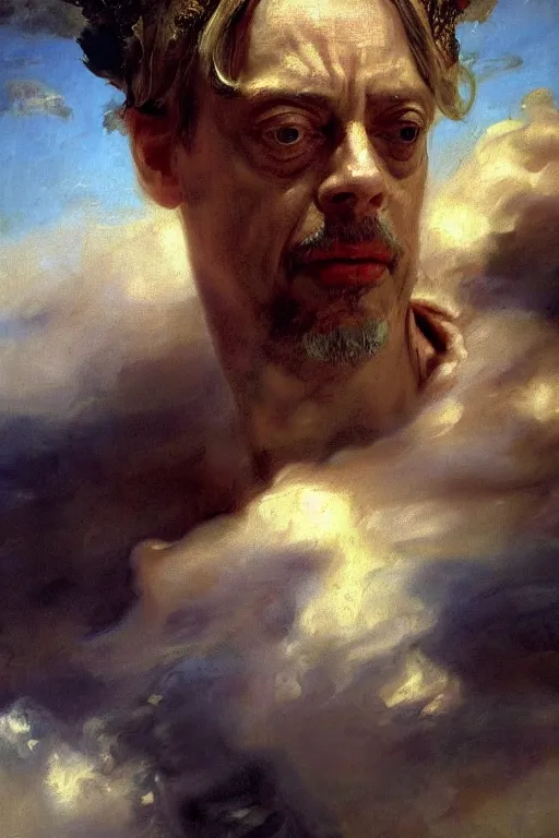 Image similar to beautiful detailed expressive impressionistic oil painting portrait of ancient roman god emperor steve buscemi ascending into the clouds wearing the civic crown, renaissance painting, art by anders zorn, wonderful masterpiece by greg rutkowski, expressive brush strokes, beautiful cinematic light, american romanticism by greg manchess, jessica rossier