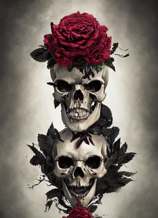 Prompt: A fancy portrait of a skull wrapped in roses by Greg Rutkowski, Sung Choi, Mitchell Mohrhauser, Maciej Kuciara, Johnson Ting, Maxim Verehin, Peter Konig, Bloodborne, 8k photorealistic, cinematic lighting, HD, high details, dramatic, atmospheric , trending on artstation