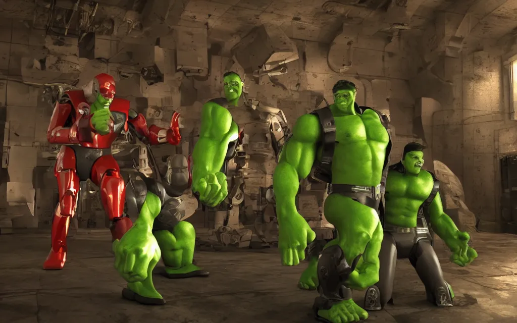 Image similar to spy kids finial battle but the robots are hulk hogan, atmospheric, mist, epic, photorealistic, realistic, rule of thirds, extremely detailed, 4 k, 8 k, unreal engine 5 render, rim lighting, rtx, ray traced lighting, shot on 3 5 mm, film grain, looking through a window frame