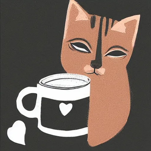 Prompt: a cute cat is drinking coffee. modern printmaking