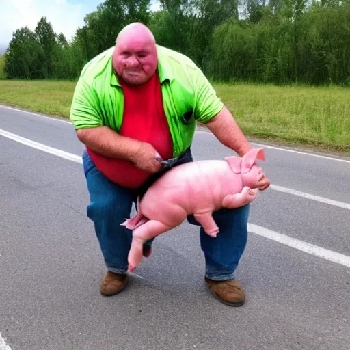 Image similar to photo of : a tough old fat trucker has a small piglet between his legs and he is twisting the piglet, in front of his semi - truck.