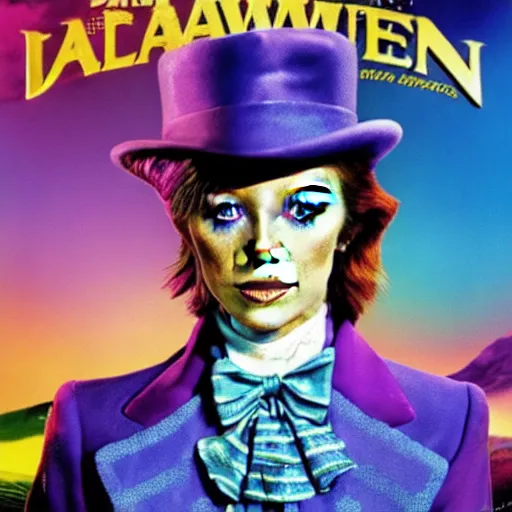 Prompt: awe inspiring David Bowie as Willy Wonka movie poster 4K amazing lighting
