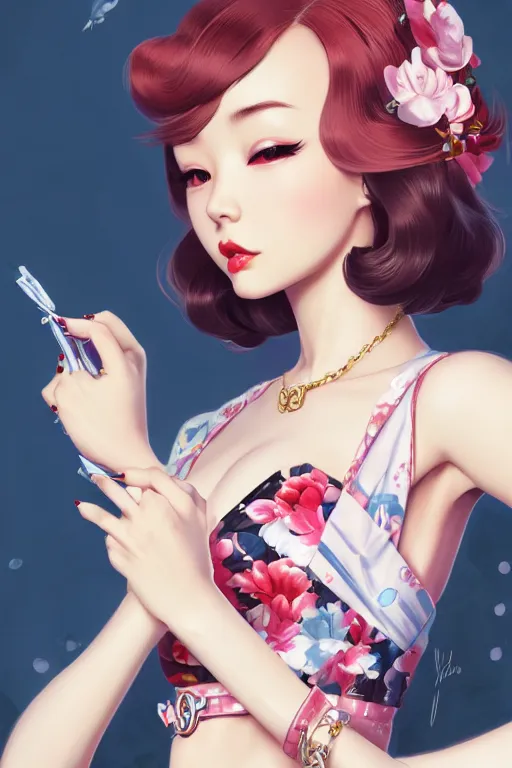 Image similar to a pin up and beautiful fashion dreamlke japan girl with lv jewelry, character art, art by artgerm and wlop and and ilya kuvshinov, hyperdetailed, 8 k realistic, symmetrical, frostbite 3 engine, cryengine, dof, trending on artstation, digital art, chanel, dior, fantasy background