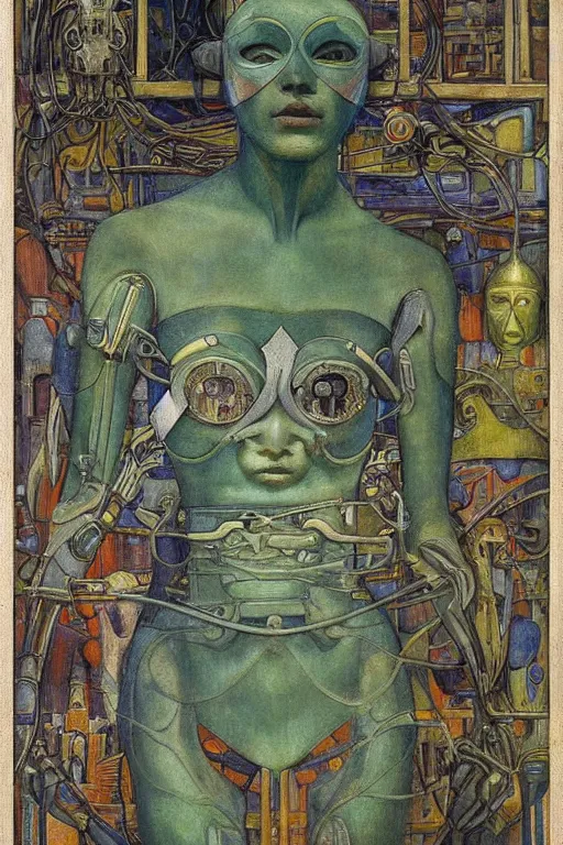 Image similar to the queen in her robot mask stands by the window, by Annie Swynnerton and Diego Rivera and Elihu Vedder, symbolist, dramatic lighting, elaborate geometric ornament, Art Brut, soft blues and greens,smooth, sharp focus, extremely detailed, Adolf Wölfli and Evelyn De Morgan