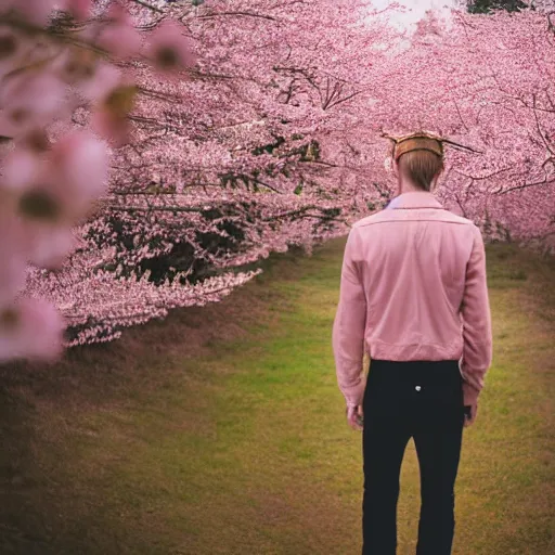 Prompt: kodak portra 4 0 0 photograph of a skinny blonde guy standing in field of cherry blossom trees, back view, flower crown, moody lighting, moody vibe, telephoto, 9 0 s vibe, blurry background, vaporwave colors, faded!,