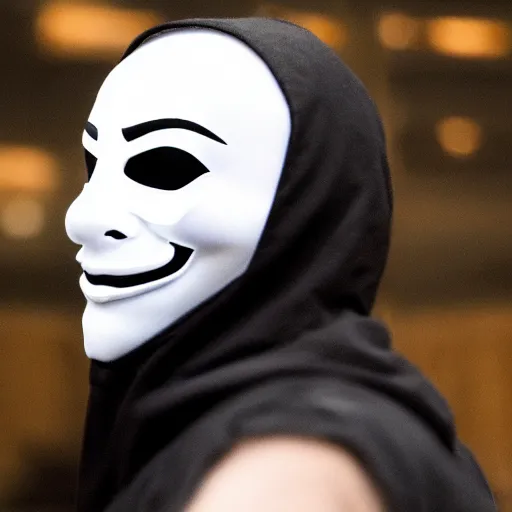 Prompt: realistic photo of hacker in anonymous mask, black, close up, front view, background, hood, extremely detailed, sharp focus, masterpiece,