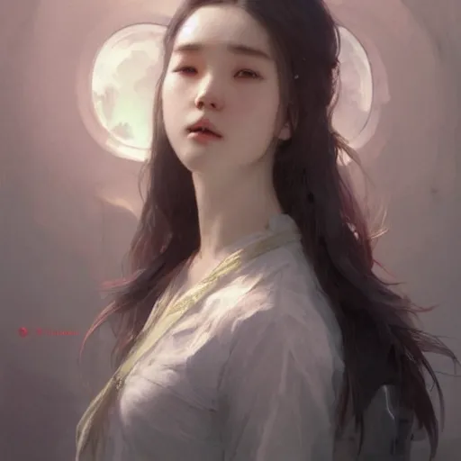 Image similar to IU, Lee Ji-Eun, very detailed, digital art, concept art, studio quality, ethereal, art style by Greg Rutkowski and Alphonse Mucha