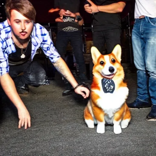 Prompt: corgi on concert of Russian rock group with tons of beer