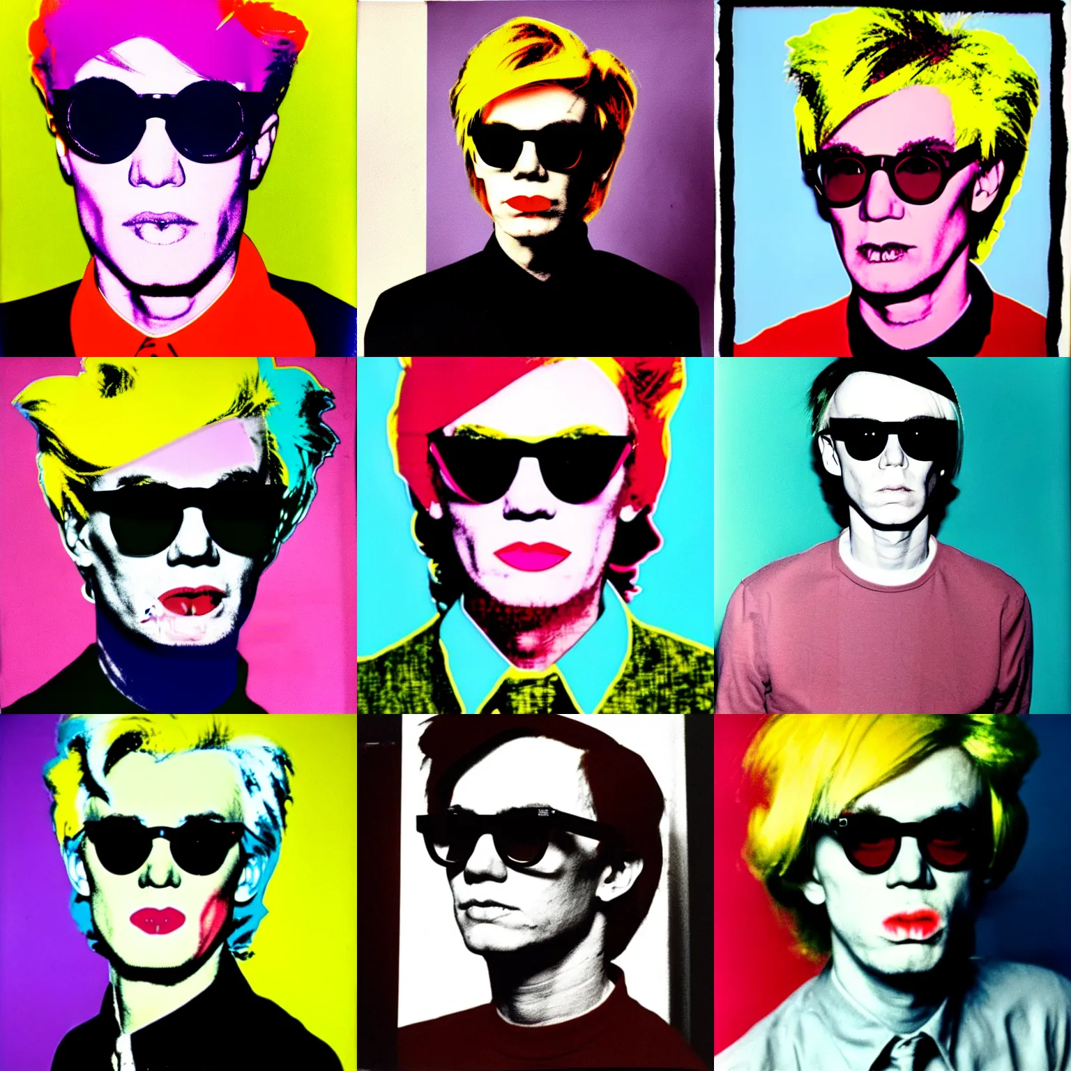 Prompt: colour portrait of absolutely angry andy warhol aged 20 looking sternly straight into the camera and wearing designer sun glasses, in the style of andy warhol