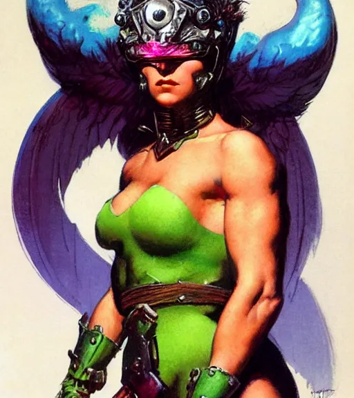 Image similar to portrait of strong female chaos angel, beautiful! coherent! by frank frazetta, by brom, strong line, vivid neon color, spiked scrap metal armor, iron helm maximalist