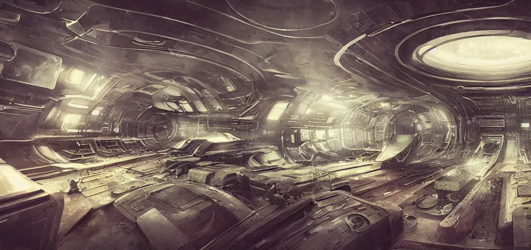 Image similar to realistic cinematic sci - fi mothership interior vintage - machinery, tubes wires path matte painting masterpiece warm tones quiet