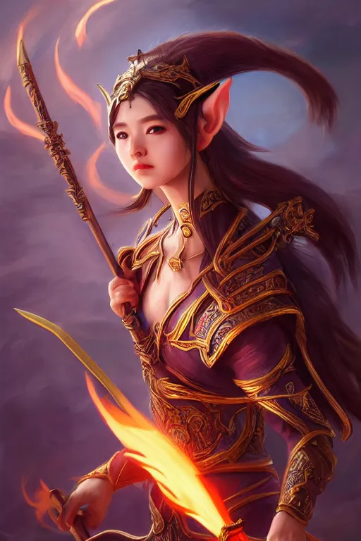 Image similar to a masterpiece portrait of nezha, young elf prince holding spear, flame everywhere, epic pose, fantasy character portrait, closeup shot, hyper detailed, digital painting, 8 k realistic, trending on artstation, sharp focus, dof, by fenghua zhong, artgerm, ne zha from smite, jeff easley, raymond swanland