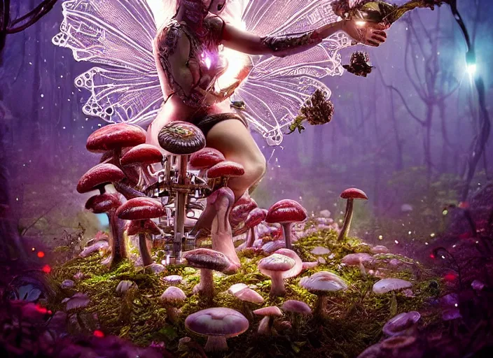 Image similar to 35mm intricate mechanical fairy with visible gears and electronics and optic Fibres sitting on top of a mushroom in a magical forest, having tea with a giant minotaur. Very detailed 8k. Fantasy cyberpunk horror. Sharp. Cinematic post-processing