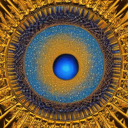 Image similar to a giant blue star inside a golden artificial megastructure, highly detailed artwork, oil painting