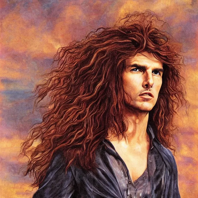 Prompt: Pre-Raphaelite portrait of Tom Cruise as the leader of a cult 1980s heavy metal band, with very long blonde hair, high saturation