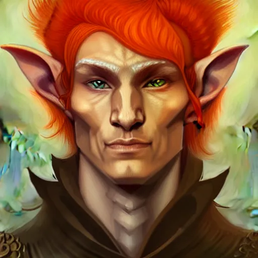 Image similar to portrait painting of an elven eladrin young man with short light orange hair and tribal tattoos in his cheekbones wearing fur armor, d & d, rpg, sharp focus, award - winning, trending on artstation, masterpiece, highly detailed, intricate. art by josan gonzales and moebius and deathburger