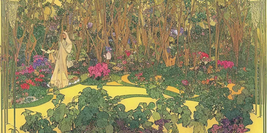 Prompt: an illustration of a beautiful garden, isometric view, painted by moebius and james jean and alphonse mucha