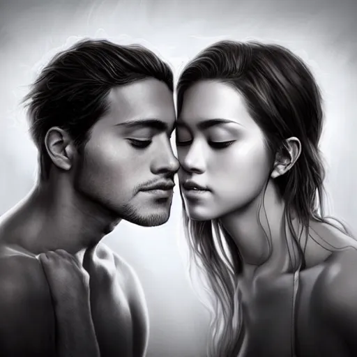 Image similar to perfectly centered symmetrical split male and female portrait of man and woman in love sharing one heart ; art by artgerm, photorealistic, highly detailed ; trending on artstation