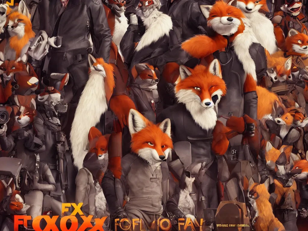 Image similar to movie poster featuring male fox furry a leather suit, fursona, anthropomorphic, furry fandom, studio quality media