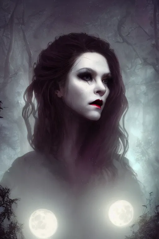 Image similar to Riveting Charismatic female vampire Pandora, portrait, atmospheric lighting, painted, intricate, Highgate cemetery, volumetric lighting, beautiful, moon light, sharp focus, ultra detailed, by Leesha Hannigan, Ross Tran, Thierry Doizon, Kai Carpenter, Ignacio Fernández Ríos