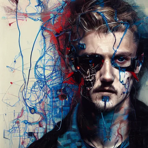 Prompt: boyd holbrook as a cyberpunk hacker, skulls, wires cybernetic implants, machine noir grimcore, in the style of adrian ghenie esao andrews jenny saville surrealism dark art by james jean takato yamamoto and by ashley wood