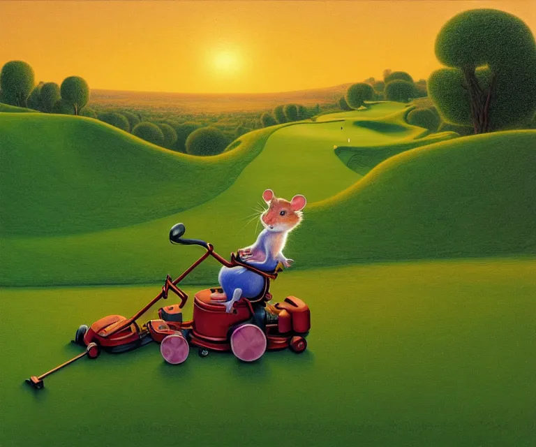 Prompt: hyper detailed 3d render like a Oil painting - a cartoon gerbil riding a lawnmower across a golf course at dawn, by Jacek Yerka, Mariusz Lewandowski, Houdini algorithmic generative render, Abstract brush strokes, Masterpiece, Edward Hopper and James Gilleard, Zdzislaw Beksinski, Mark Ryden, Wolfgang Lettl, hints of Yayoi Kasuma, octane render, 8k