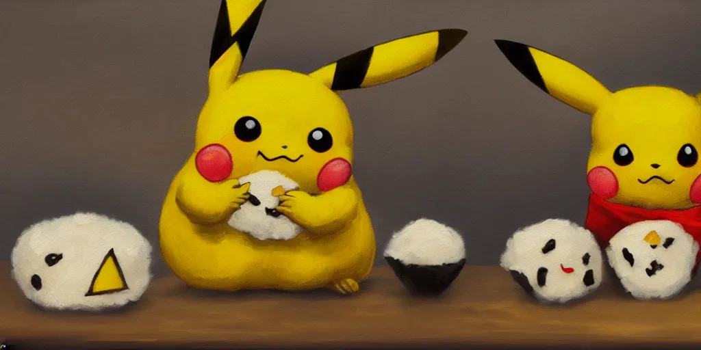 Prompt: pikachu eating onigiri, cinematic lighting, detailed oil painting, 8k